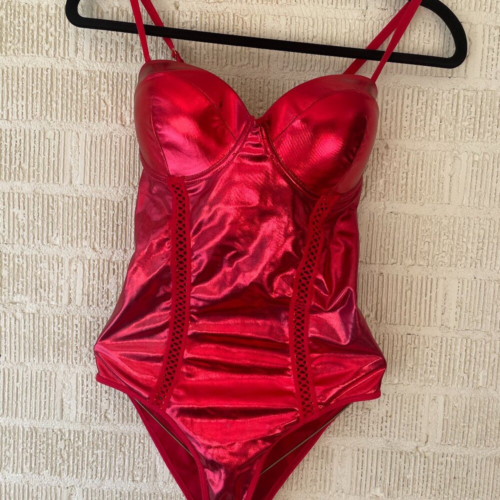 DEVIL COSTUME RED METALLIC BODYSUIT AND SHORTS